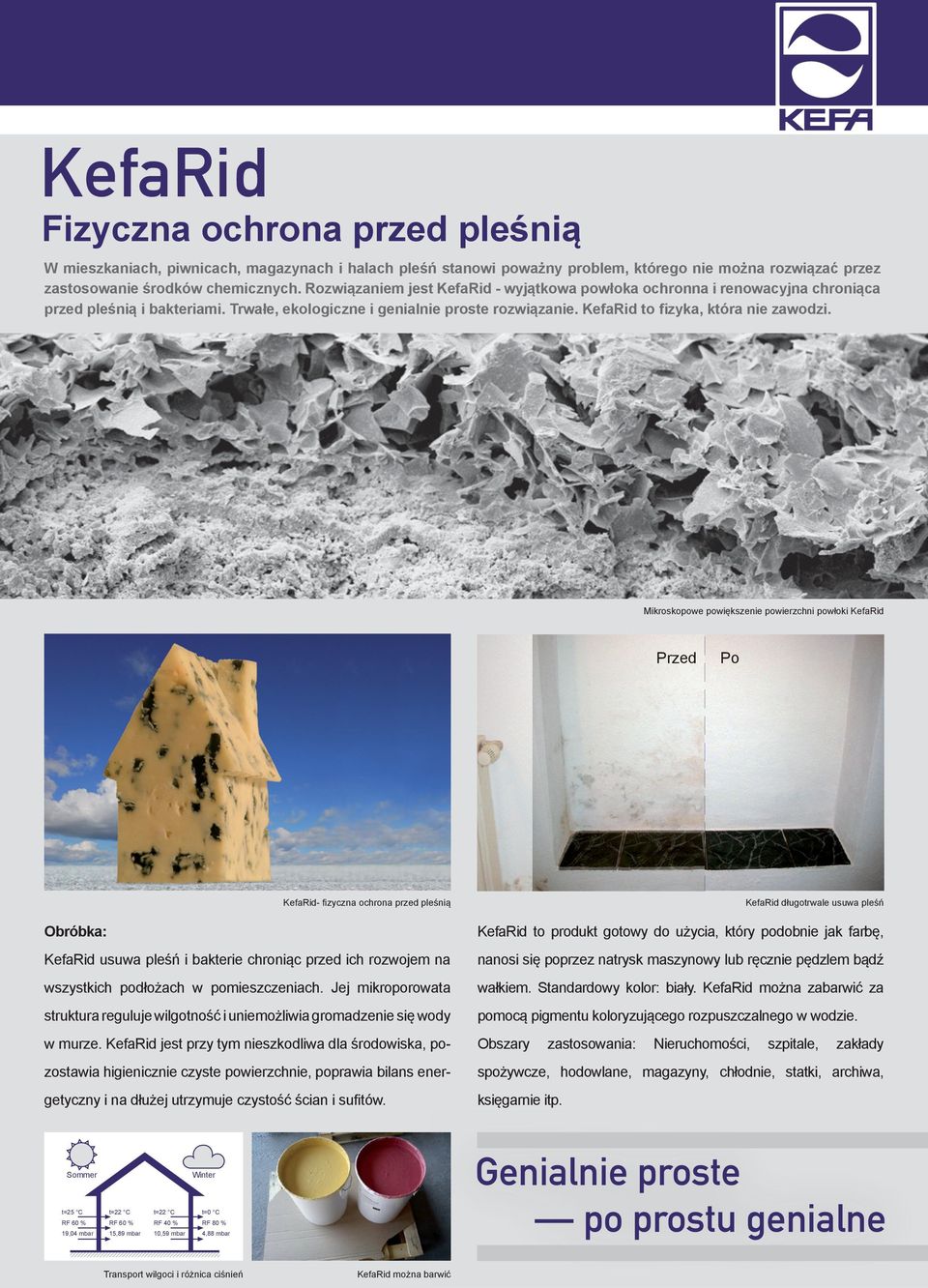 Mikroskopowe powiększenie powierzchni powłoki KefaRid Przed Po KefaRid- fi zyczna ochrona przed pleśnią Obróbka: KefaRid usuwa pleśń i bakterie chroniąc przed ich rozwojem na wszystkich podłożach w