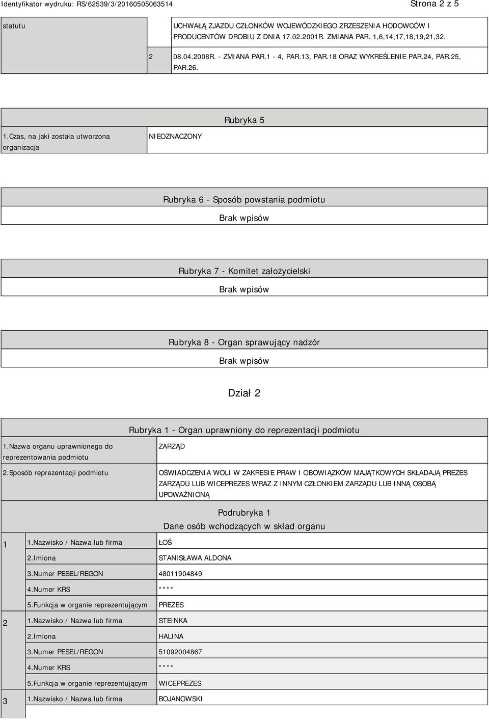 Czas, na jaki została utworzona organizacja NIEOZNACZONY Rubryka 6 - Sposób powstania podmiotu Rubryka 7 - Komitet założycielski Rubryka 8 - Organ sprawujący nadzór Dział 2 Rubryka 1 - Organ