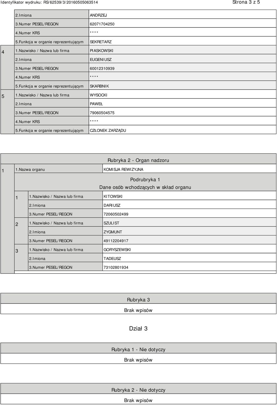 Nazwa organu KOMISJA REWIZYJNA Podrubryka 1 Dane osób wchodzących w skład organu 1 1.Nazwisko / Nazwa lub firma KITOWSKI DARIUSZ 3.Numer PESEL/REGON 72060502499 2 1.