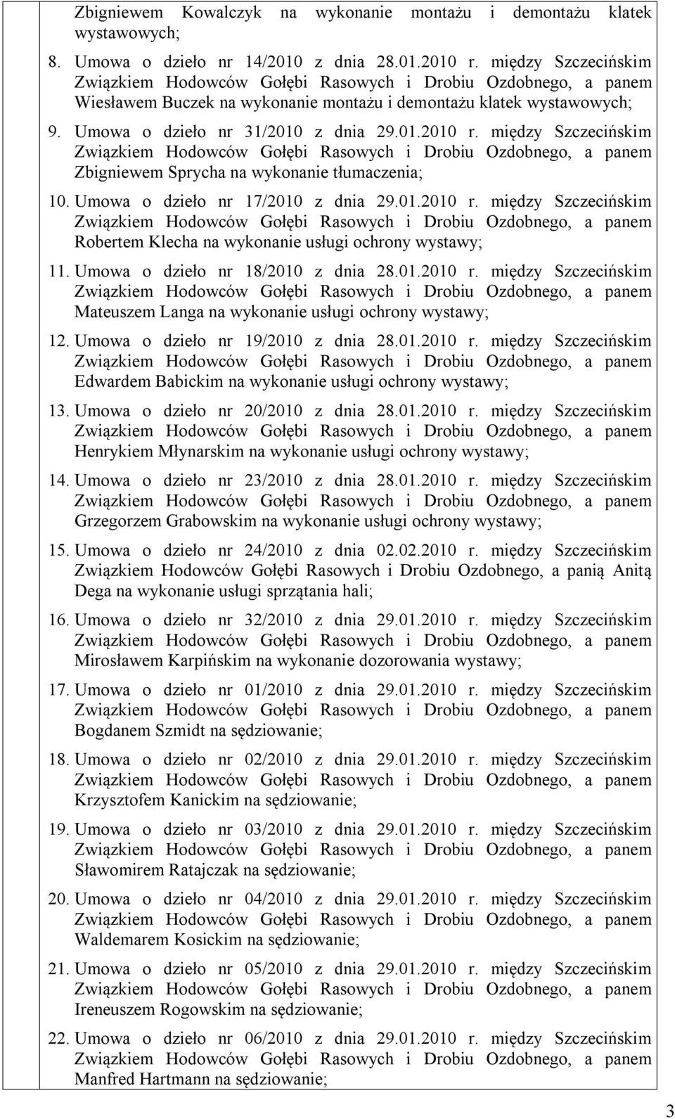 między Szczecińskim Zbigniewem Sprycha na wykonanie tłumaczenia; 10. Umowa o dzieło nr 17/2010 z dnia 29.01.2010 r. między Szczecińskim Robertem Klecha na wykonanie usługi ochrony wystawy; 11.