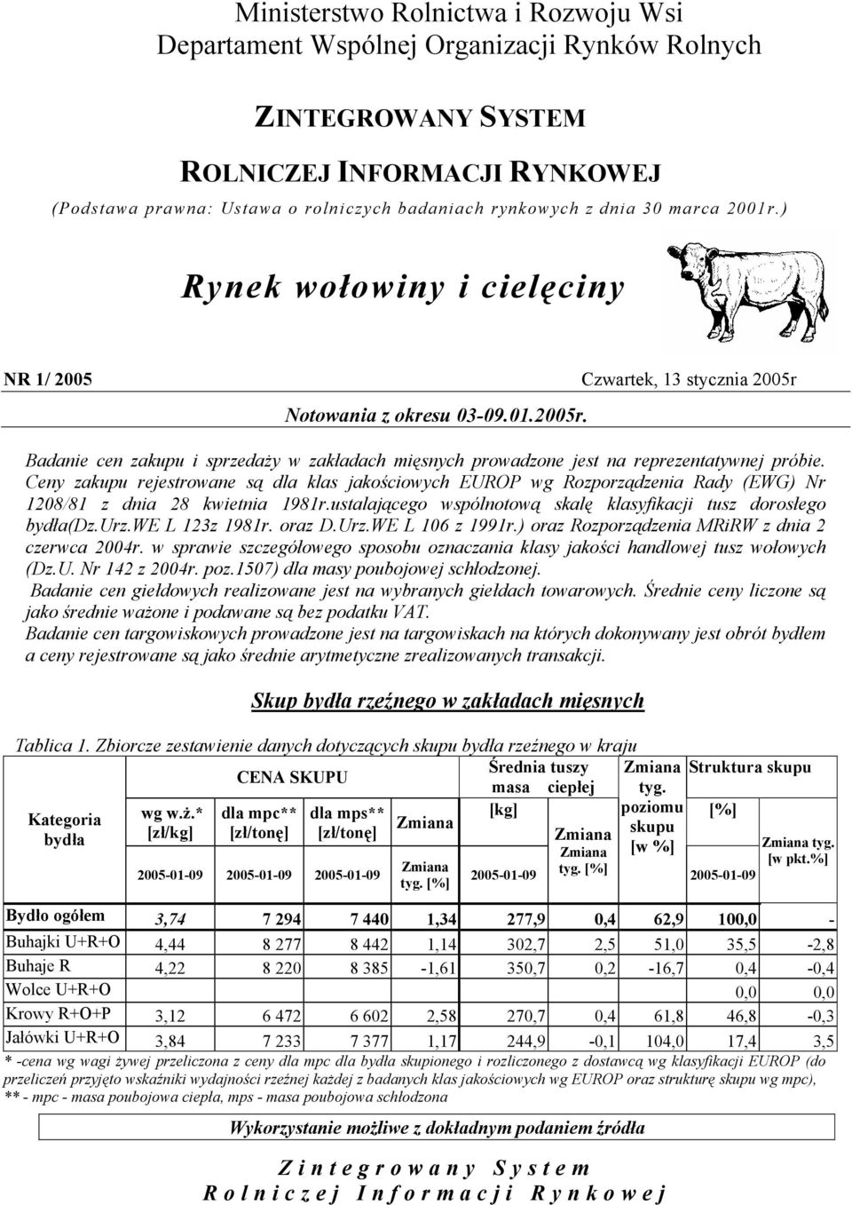 Ceny zakupu rejestrowane są dla klas jakościowych EUROP wg Rozporządzenia Rady (EWG) Nr 208/8 z dnia 28 kwietnia 8r.ustalającego wspólnotową skalę klasyfikacji tusz dorosłego bydła(dz.urz.we L 2z 8r.