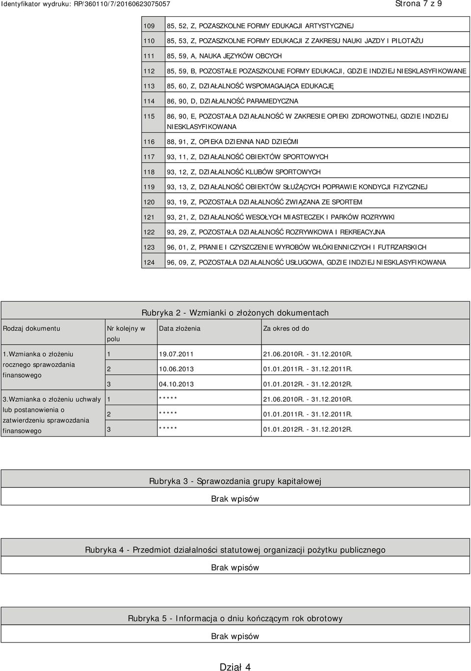 ZAKRESIE OPIEKI ZDROWOTNEJ, GDZIE INDZIEJ SKLASYFIKOWANA 116 88, 91, Z, OPIEKA DZIENNA NAD DZIEĆMI 117 93, 11, Z, DZIAŁALNOŚĆ OBIEKTÓW SPORTOWYCH 118 93, 12, Z, DZIAŁALNOŚĆ KLUBÓW SPORTOWYCH 119 93,