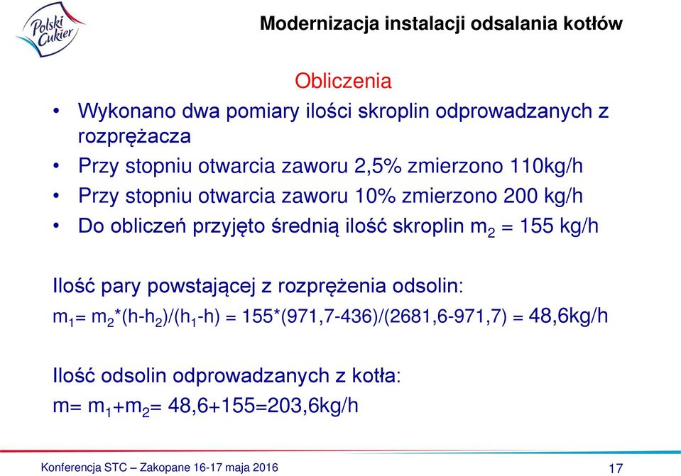 = 155 kg/h Ilość pary powstającej z rozprężenia odsolin: m 1 = m 2 *(h-h 2 )/(h 1 -h) = 155*(971,7-436)/(2681,6-971,7)