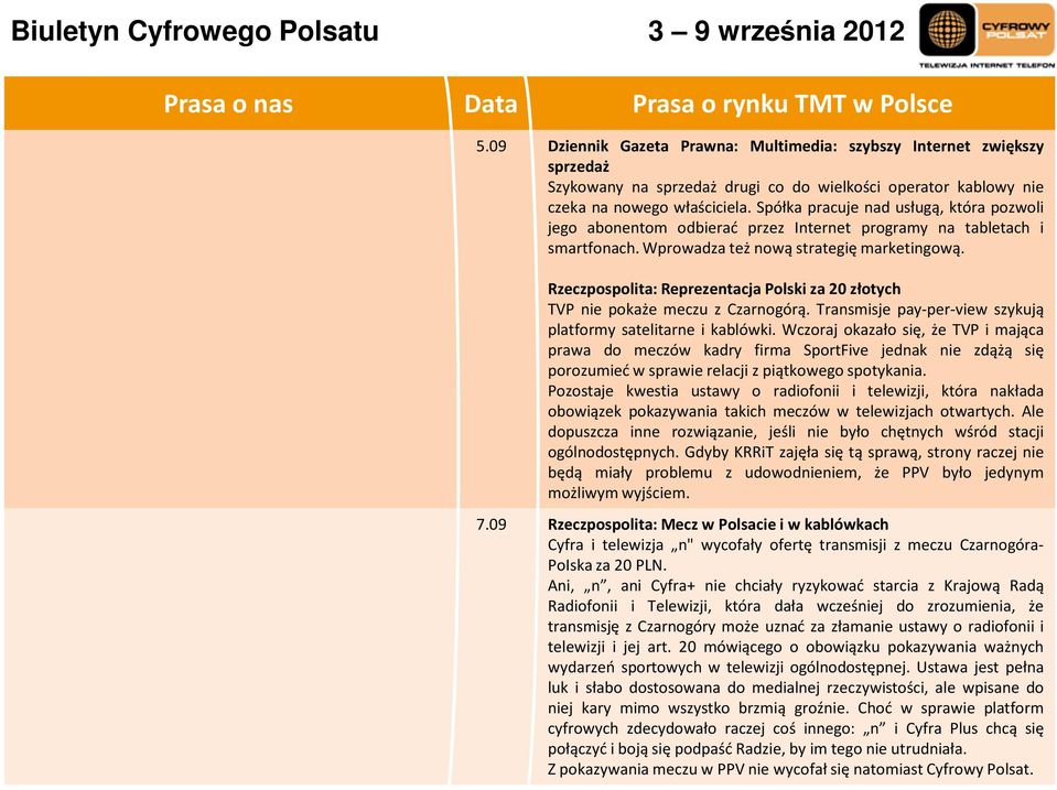 Spółka pracuje nad usługą, która pozwoli jego abonentom odbierać przez Internet programy na tabletach i smartfonach. Wprowadza też nową strategię marketingową.