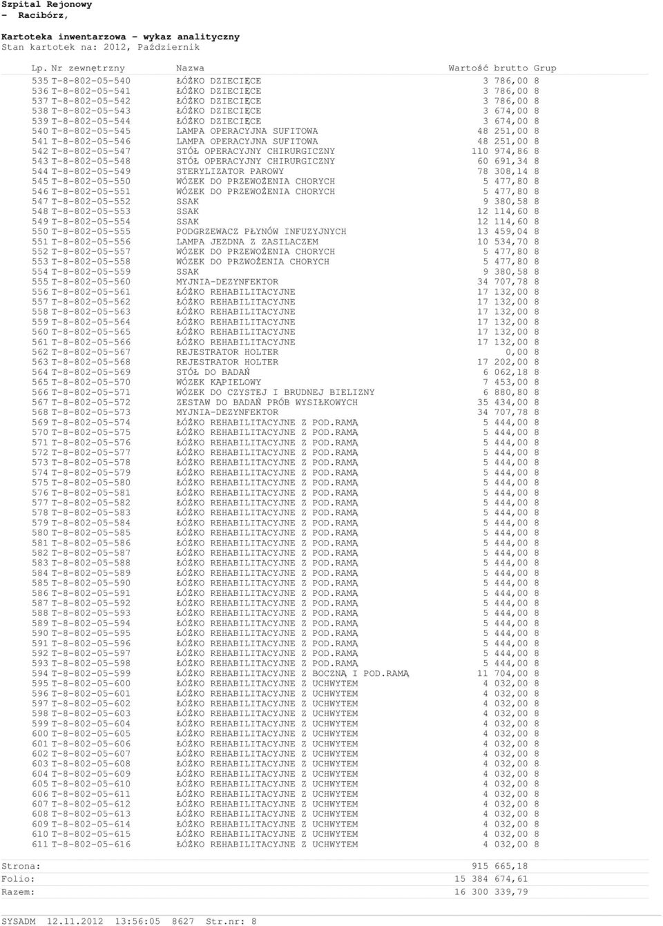 CHIRURGICZNY 110 974,86 8 543 T-8-802-05-548 STÓŁ OPERACYJNY CHIRURGICZNY 60 691,34 8 544 T-8-802-05-549 STERYLIZATOR PAROWY 78 308,14 8 545 T-8-802-05-550 WÓZEK DO PRZEWOŻENIA CHORYCH 5 477,80 8 546
