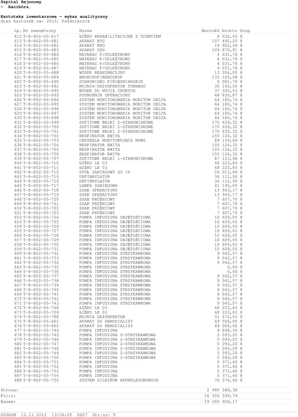 620 T-8-802-05-688 WÓZEK REANIMACYJNY 13 054,00 8 621 T-8-802-05-689 BRONCHOFIBEROSKOP 133 165,28 8 622 T-8-802-05-690 STANOWISKO PIELĘGNIARSKIE 6 081,70 8 623 T-8-802-05-691 MYJNIA-DEZYNFEKTOR