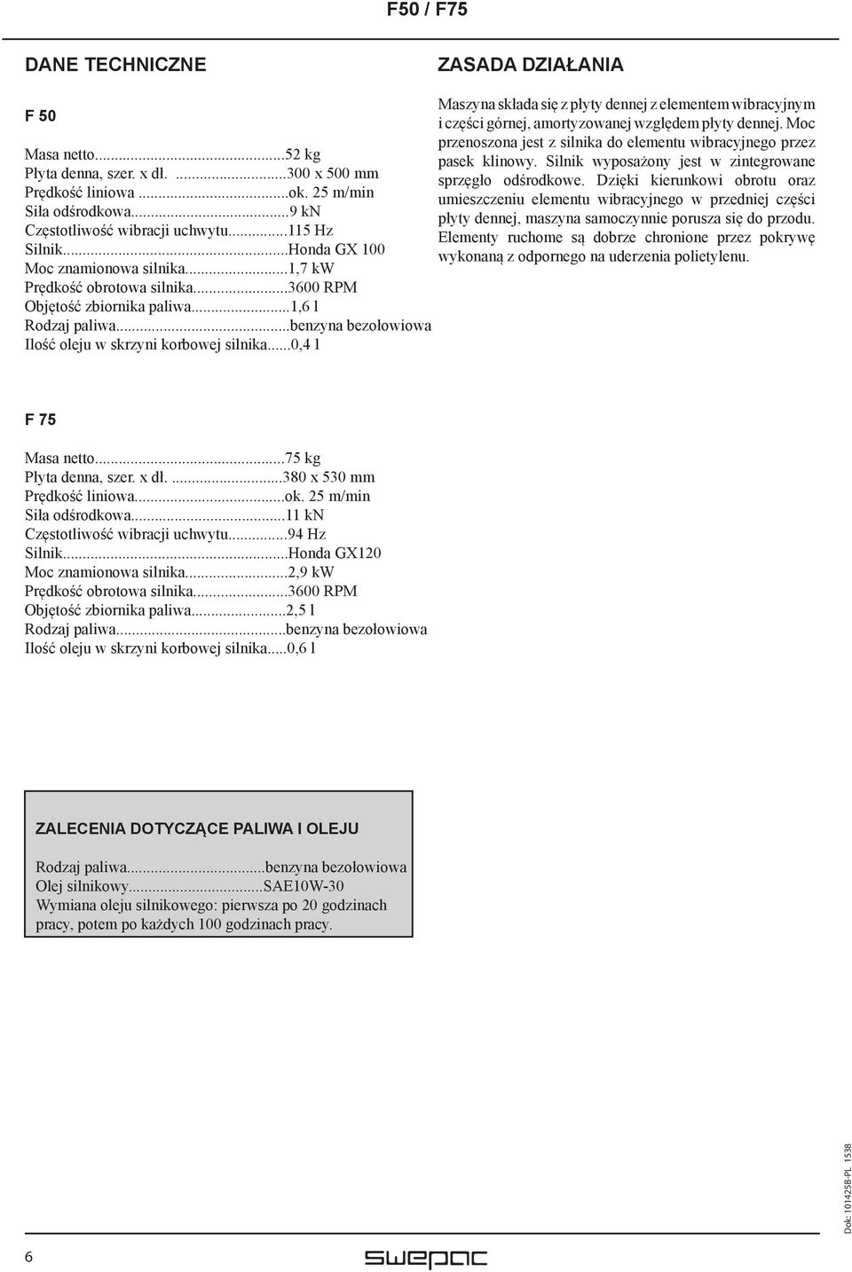 ..benzyna bezołowiowa Ilość oleju w skrzyni korbowej silnika...0,4 l Maszyna składa się z płyty dennej z elementem wibracyjnym i części górnej, amortyzowanej względem płyty dennej.