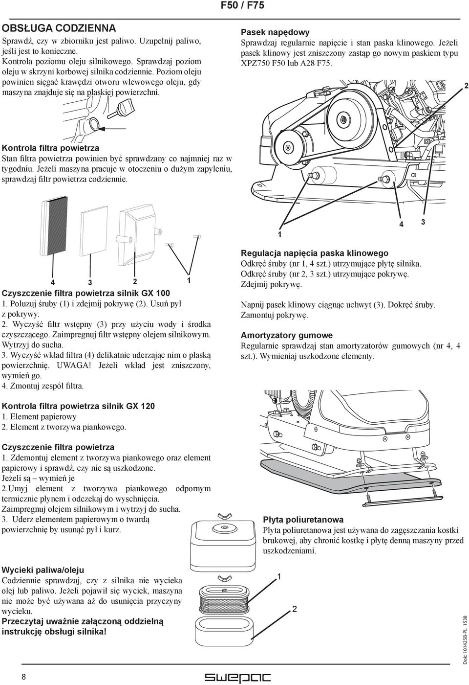 Jeżeli pasek klinowy jest zniszczony zastąp go nowym paskiem typu XPZ750 F50 lub A28 F75. 2 Kontrola filtra powietrza Stan filtra powietrza powinien być sprawdzany co najmniej raz w tygodniu.