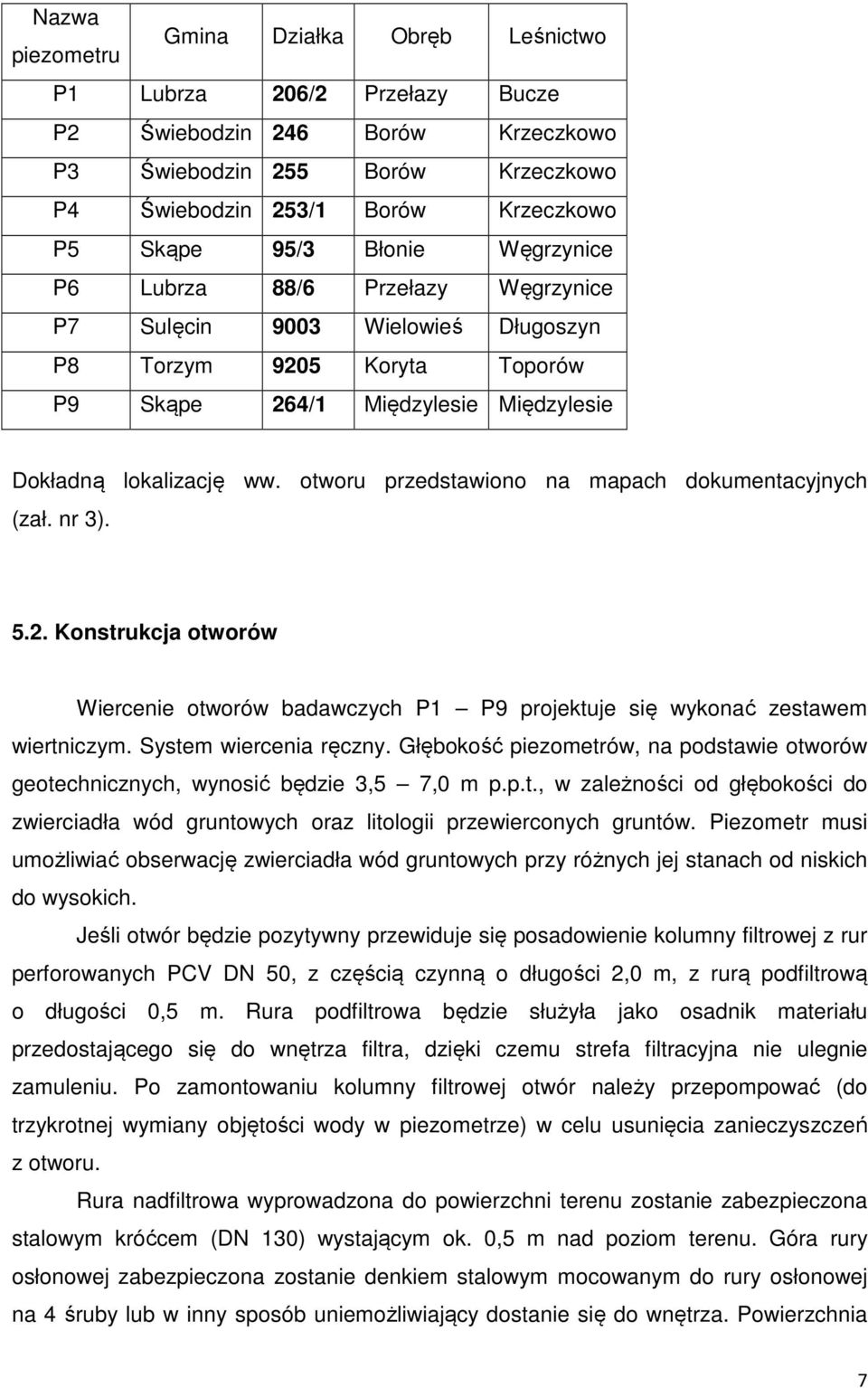 otworu przedstawiono na mapach dokumentacyjnych (zał. nr 3). 5.2. Konstrukcja otworów Wiercenie otworów badawczych P1 P9 projektuje się wykonać zestawem wiertniczym. System wiercenia ręczny.