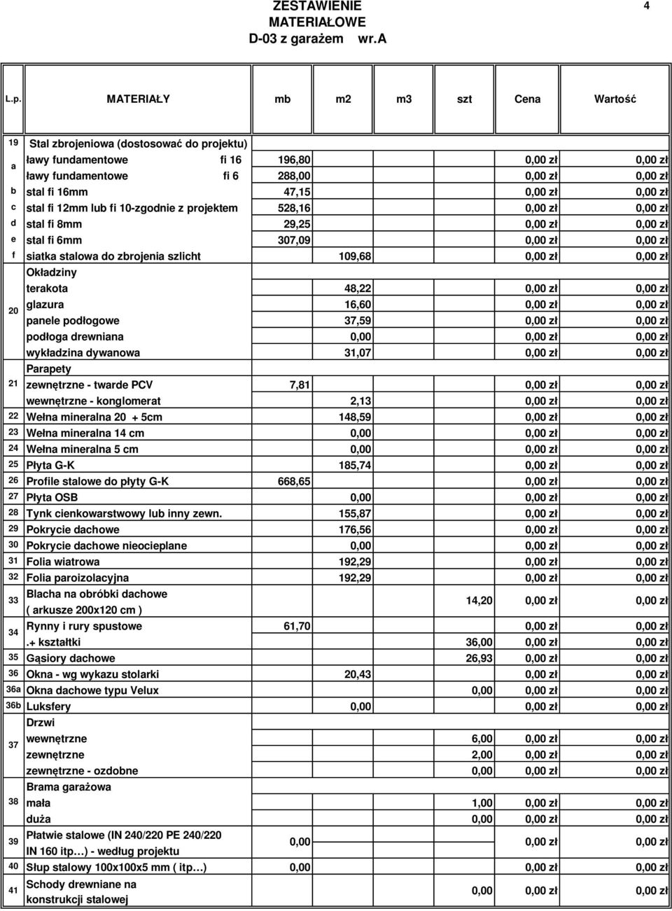 wewn trzne - konglomerat 2,13 22 We na mineralna 20 + 5cm 148,59 23 We na mineralna 14 cm 0,00 24 We na mineralna 5 cm 0,00 25 yta G-K 185,74 26 Profile stalowe do p yty G-K 668,65 27 yta OSB 0,00 28