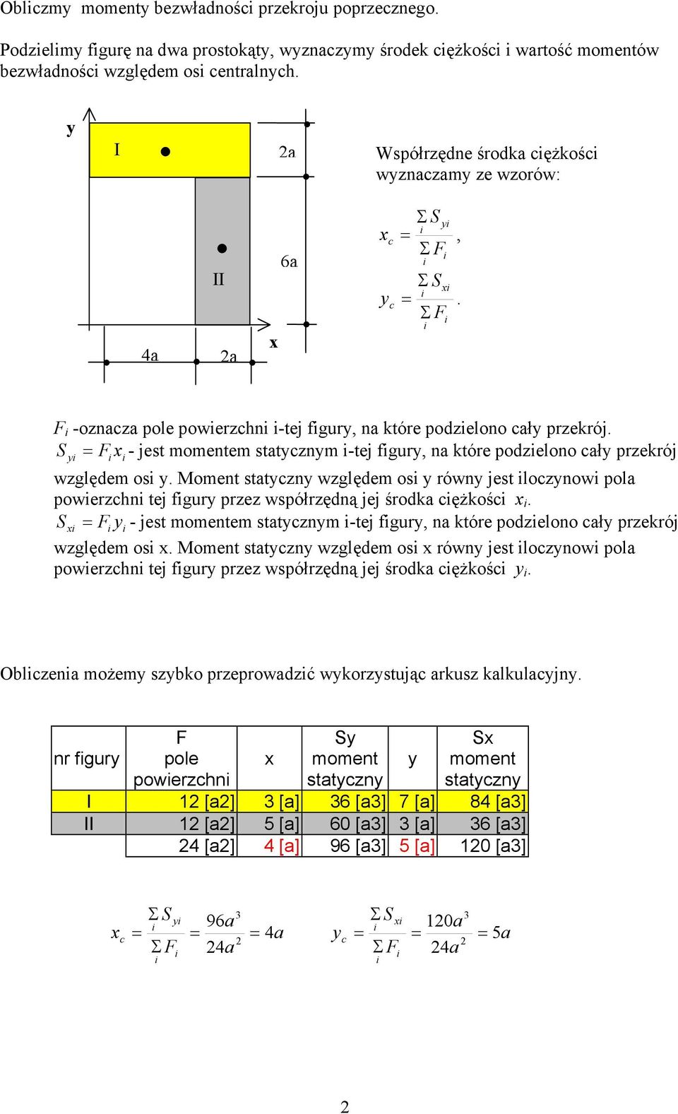 S F - jest momentem statcnm -tej fgur na które podelono cał prekrój wględem os. oment statcn wględem os równ jest locnow pola powerchn tej fgur pre współrędną jej środka cężkośc.