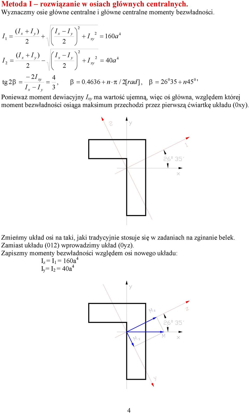 66 + n π / [ rad] β 6 5 + n5 ' Poneważ moment dewacjn ma wartość ujemną węc oś główna wględem której moment bewładnośc
