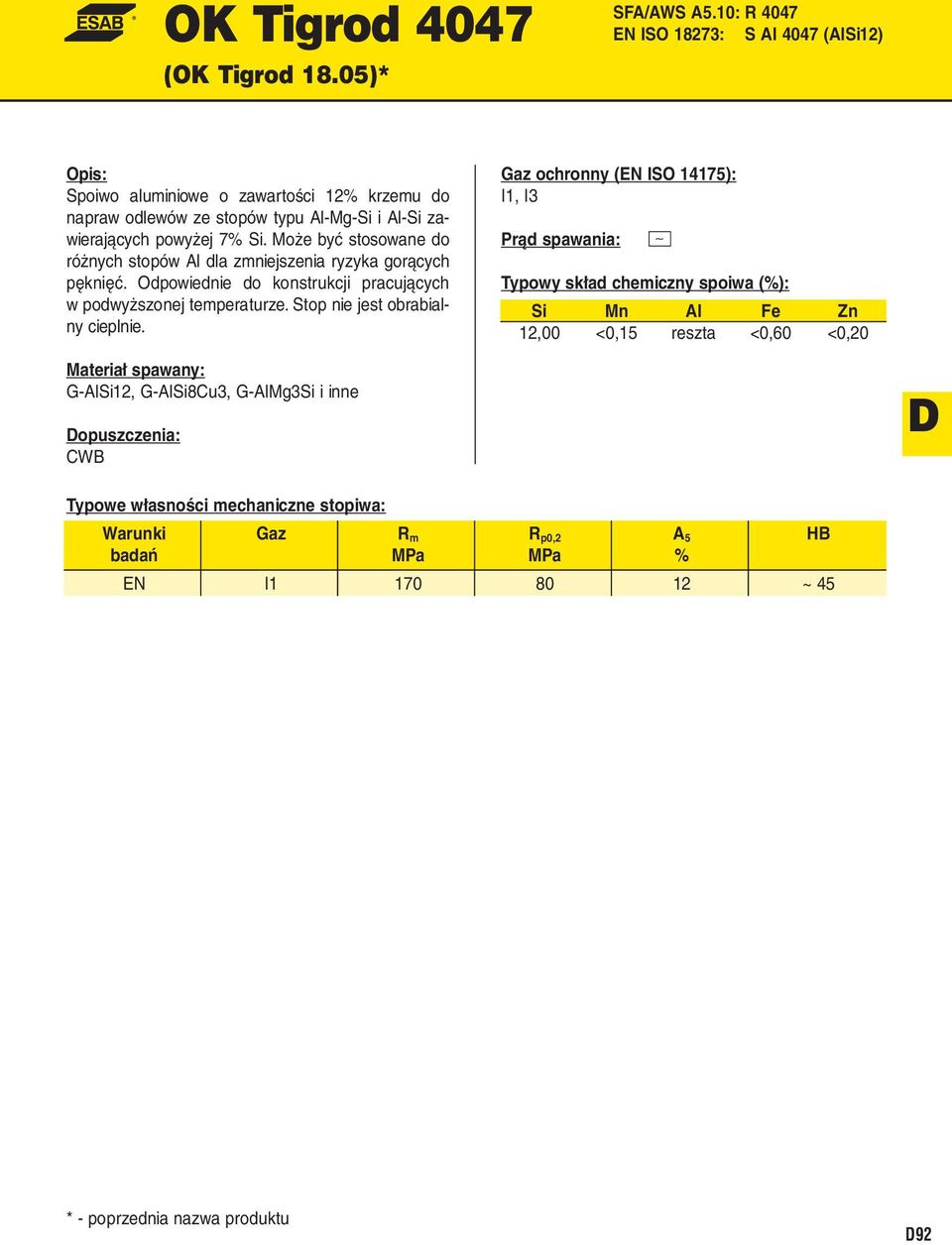 Al-Si zawierających powyżej 7% Si. Może być stosowane do różnych stopów Al dla zmniejszenia ryzyka gorących pęknięć.