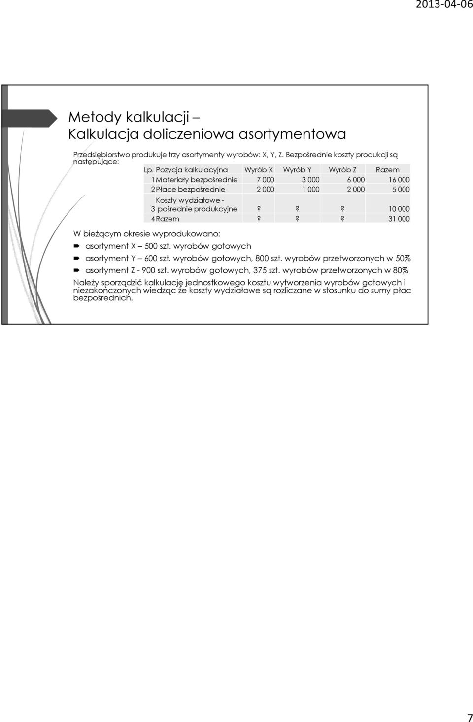 pośrednie produkcyjne??? 10000 4Razem??? 31000 asortyment X 500 szt. wyrobów gotowych asortyment Y 600 szt. wyrobów gotowych, 800 szt. wyrobów przetworzonych w 50% asortyment Z - 900 szt.