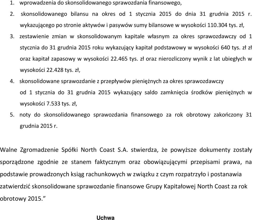 zestawienie zmian w skonsolidowanym kapitale własnym za okres sprawozdawczy od 1 stycznia do 31 grudnia 2015 roku wykazujący kapitał podstawowy w wysokości 640 tys.