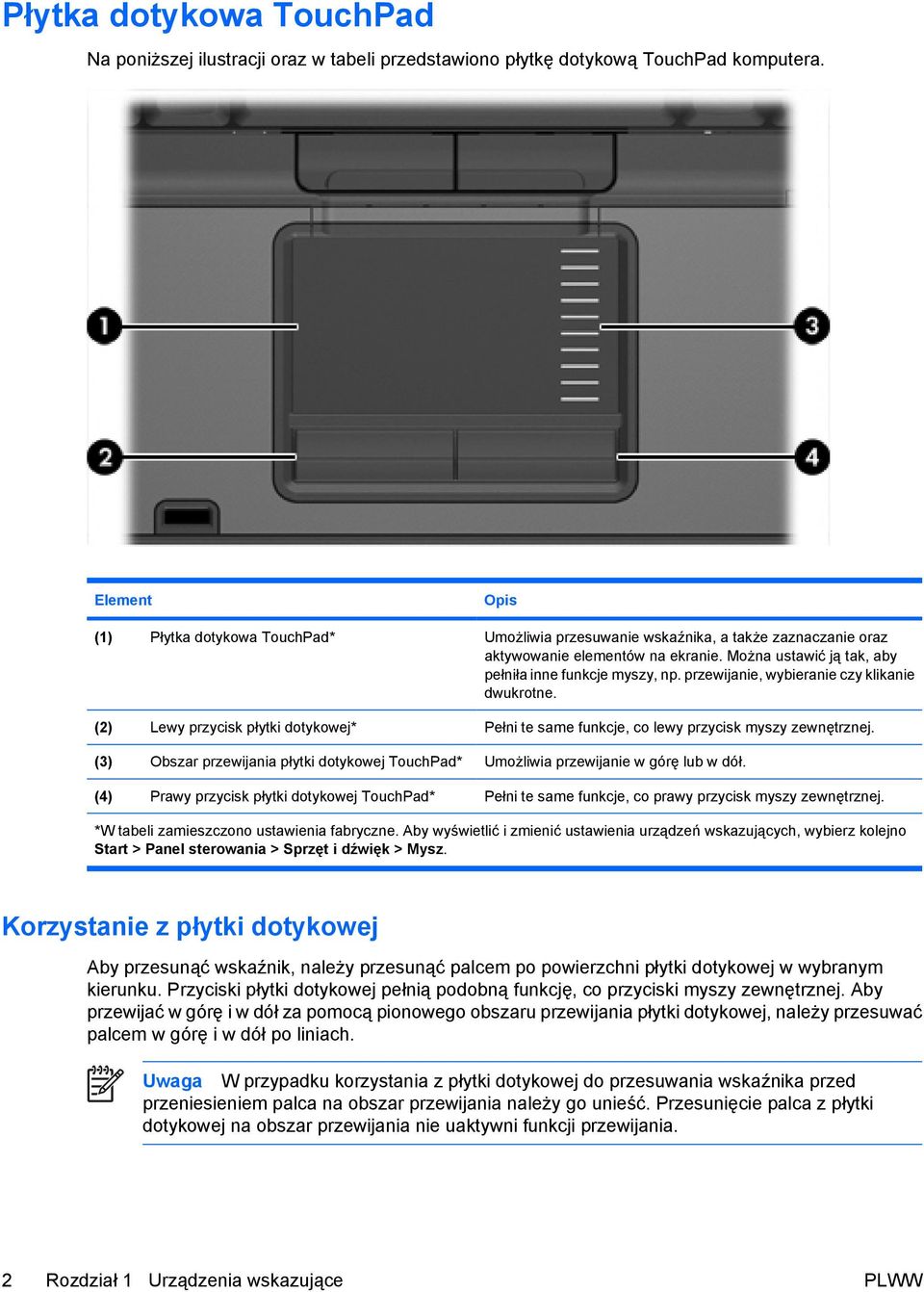 przewijanie, wybieranie czy klikanie dwukrotne. (2) Lewy przycisk płytki dotykowej* Pełni te same funkcje, co lewy przycisk myszy zewnętrznej.