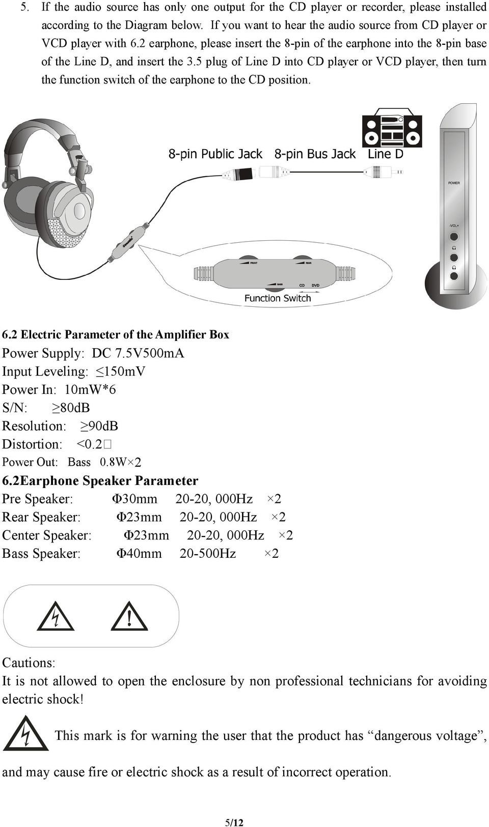 5 plug of Line D into CD player or VCD player, then turn the function switch of the earphone to the CD position. 6.2 Electric Parameter of the Amplifier Box Power Supply: DC 7.