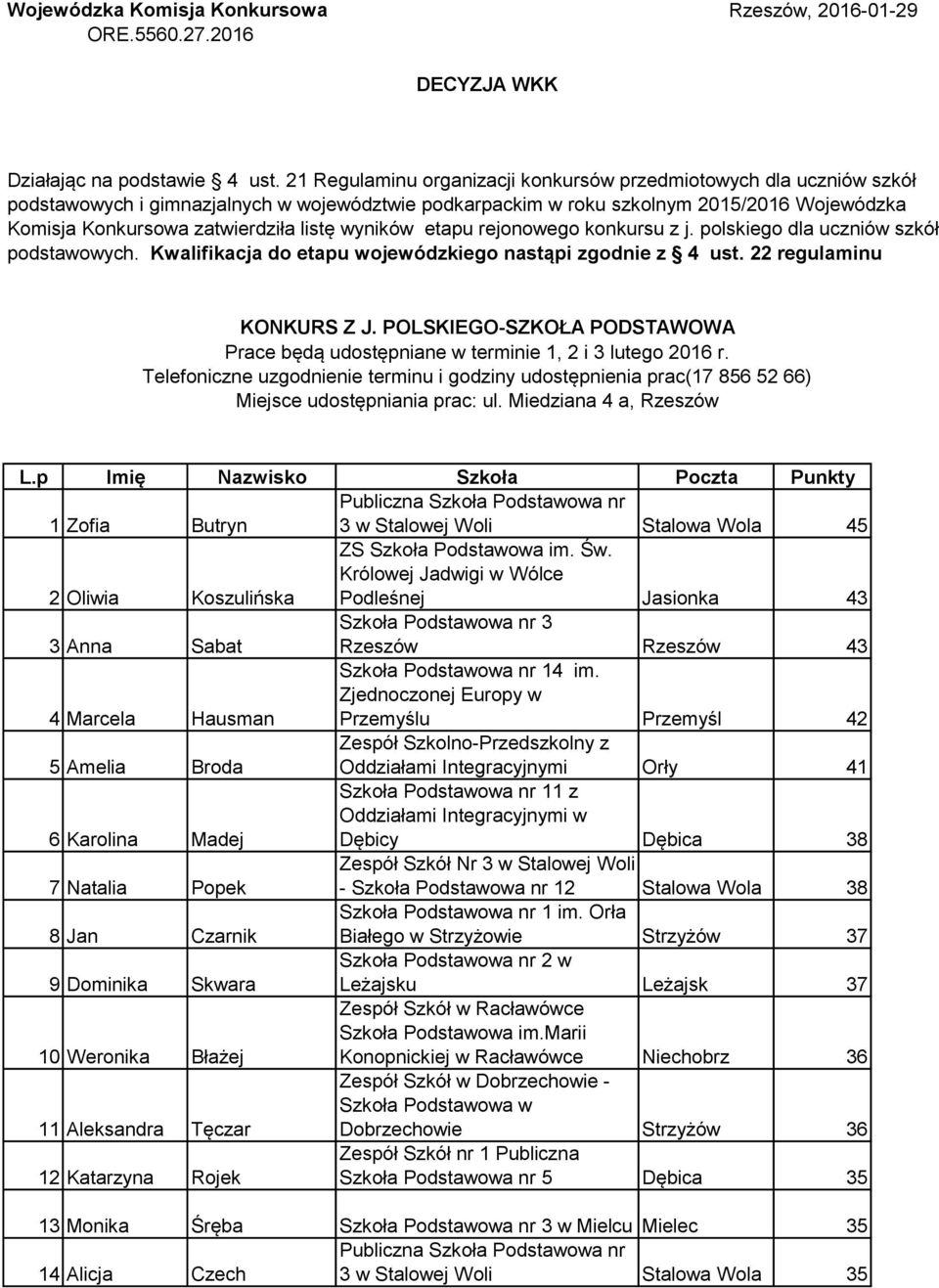 listę wyników etapu rejonowego konkursu z j. polskiego dla uczniów szkół podstawowych. Kwalifikacja do etapu wojewódzkiego nastąpi zgodnie z 4 ust. 22 regulaminu KONKURS Z J.