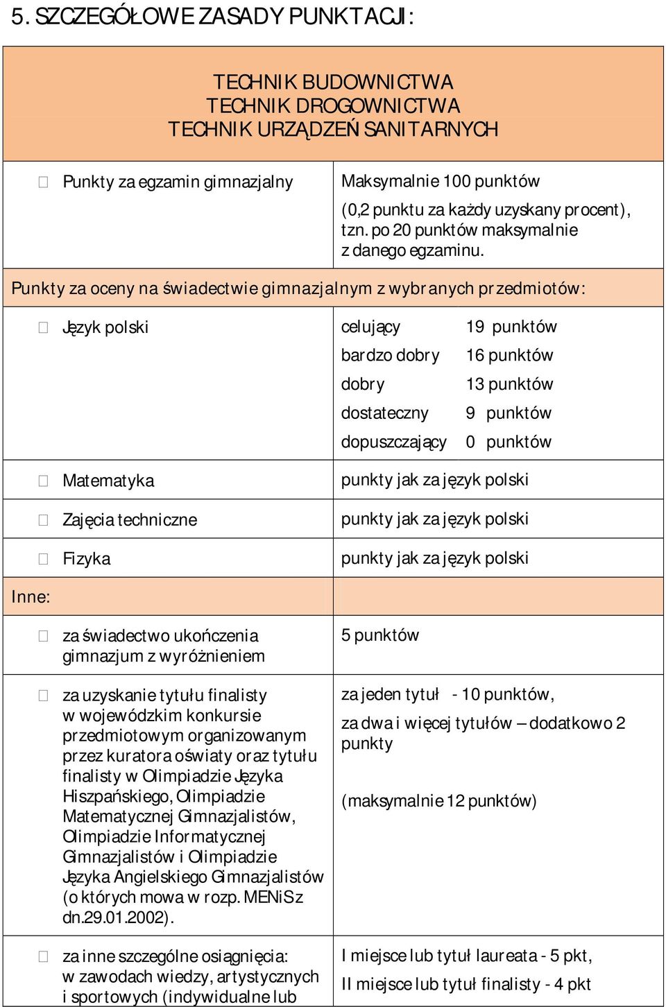 Punkty za oceny na świadectwie gimnazjalnym z wybr anych pr zedmiotów: Język polski celujący bardzo dobry dobry dostateczny dopuszczający 19 punktów 16 punktów 13 punktów 9 punktów 0 punktów