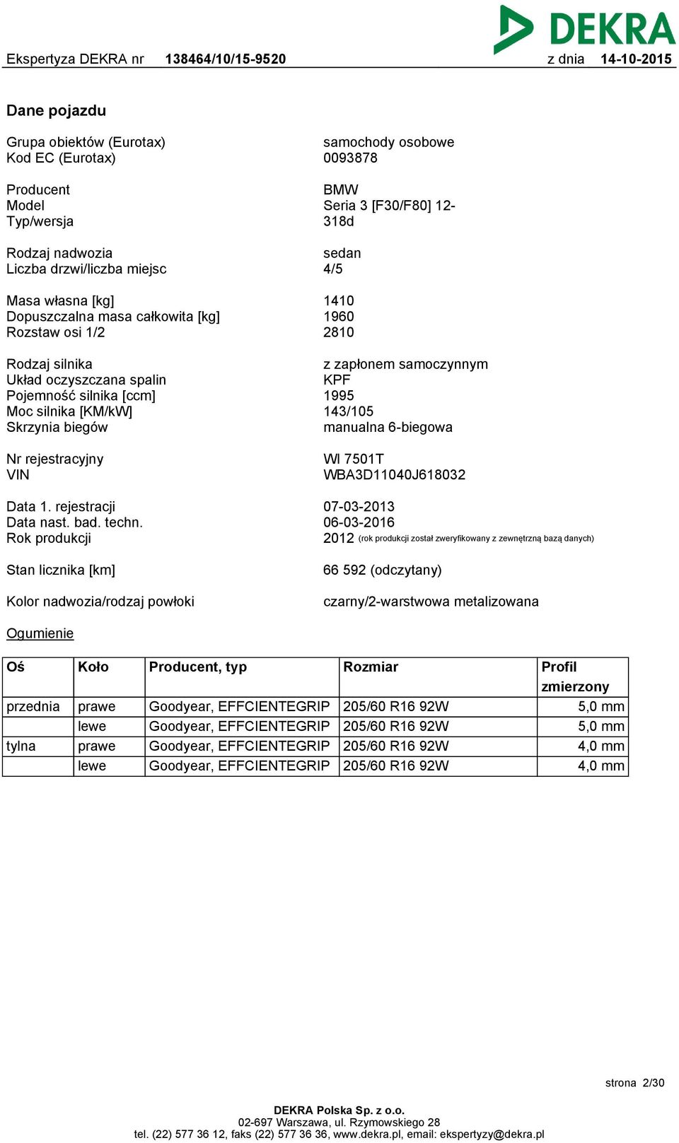 KPF 1995 143/105 manualna 6-biegowa Nr rejestracyjny VIN WI 7501T WBA3D11040J618032 Data 1. rejestracji Data nast. bad. techn.