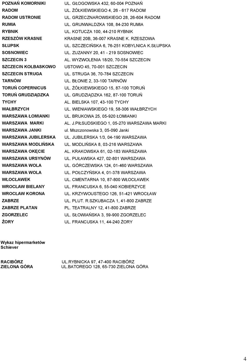 PLATAN ZGORZELEC ŻORY UL. GŁOGOWSKA 432, 60-004 POZNAŃ UL. ŻÓŁKIEWSKIEGO 4, 26-617 RADOM UL. GRZECZNAROWSKIEGO 28, 26-604 RADOM UL. GRUNWALDZKA 108, 84-230 RUMIA UL.