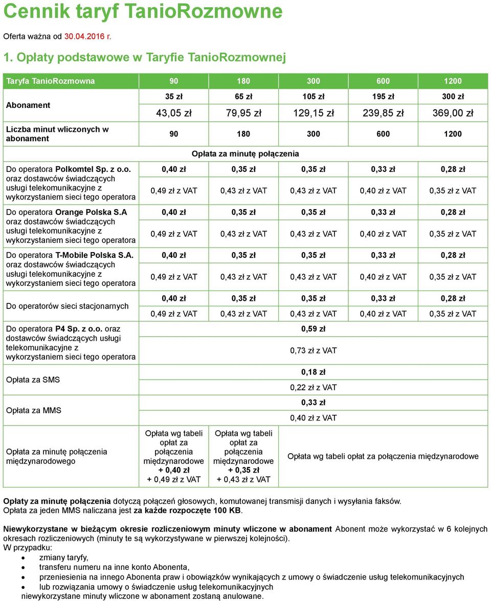 A oraz dostawców świadczących usługi telekomunikacyjne z wykorzystaniem sieci tego operatora Do operatora T-Mobile Polska S.A. oraz dostawców świadczących usługi telekomunikacyjne z wykorzystaniem sieci tego operatora Do operatorów sieci stacjonarnych Do operatora P4 Sp.