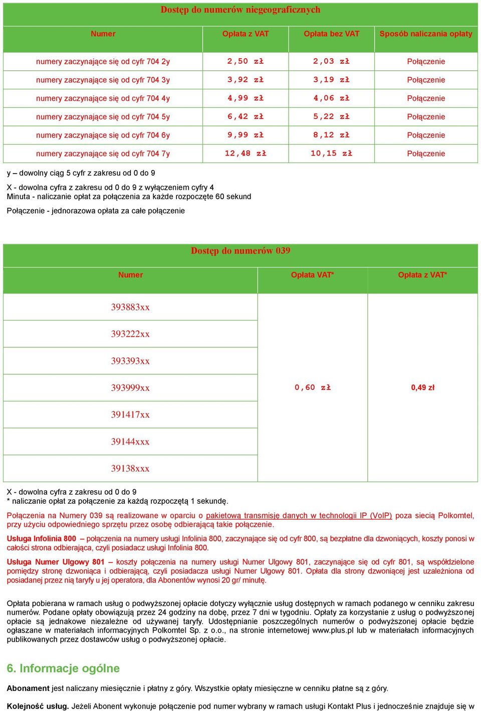 numery zaczynające się od cyfr 704 7y 12,48 zł 10,15 zł Połączenie y dowolny ciąg 5 cyfr z zakresu od 0 do 9 X - dowolna cyfra z zakresu od 0 do 9 z wyłączeniem cyfry 4 Minuta - naliczanie opłat za