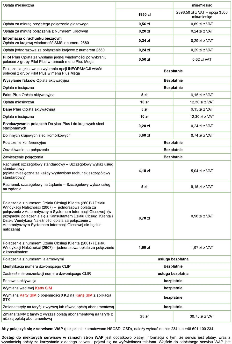 wybraniu poleceń z grupy Pilot Plus w ramach menu Plus Mega Połączenia głosowe po wybraniu opcji INFORMACJI wśród poleceń z grupy Pilot Plus w menu Plus Mega Wysyłanie faksów Opłata aktywacyjna