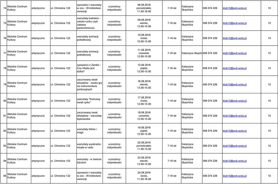 08.2016 13.00-15.00 80 "Kolorowy świat cyrku" 17.08.2016 81 zaczrowany świat dźwięków - bębniarskie 18.08.2016 82 trików i magii 19.08.2016 83 wyobraźniwizyta w radiu 22.