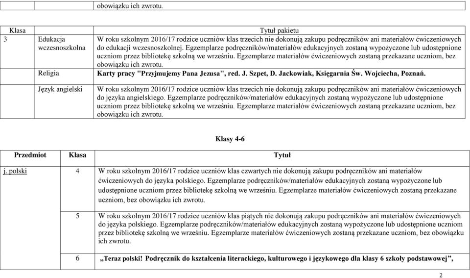 W roku szkolnym 2016/17 rodzice uczniów klas trzecich nie dokonują zakupu podręczników ani materiałów ćwiczeniowych Klasy 4-6 Przedmiot Tytuł j.