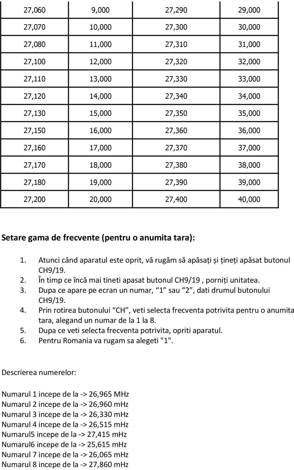 Atunci când aparatul este oprit, vă rugăm să apăsați și țineți apăsat butonul CH9/19. 2. În timp ce încă mai tineti apasat butonul CH9/19, porniți unitatea. 3.