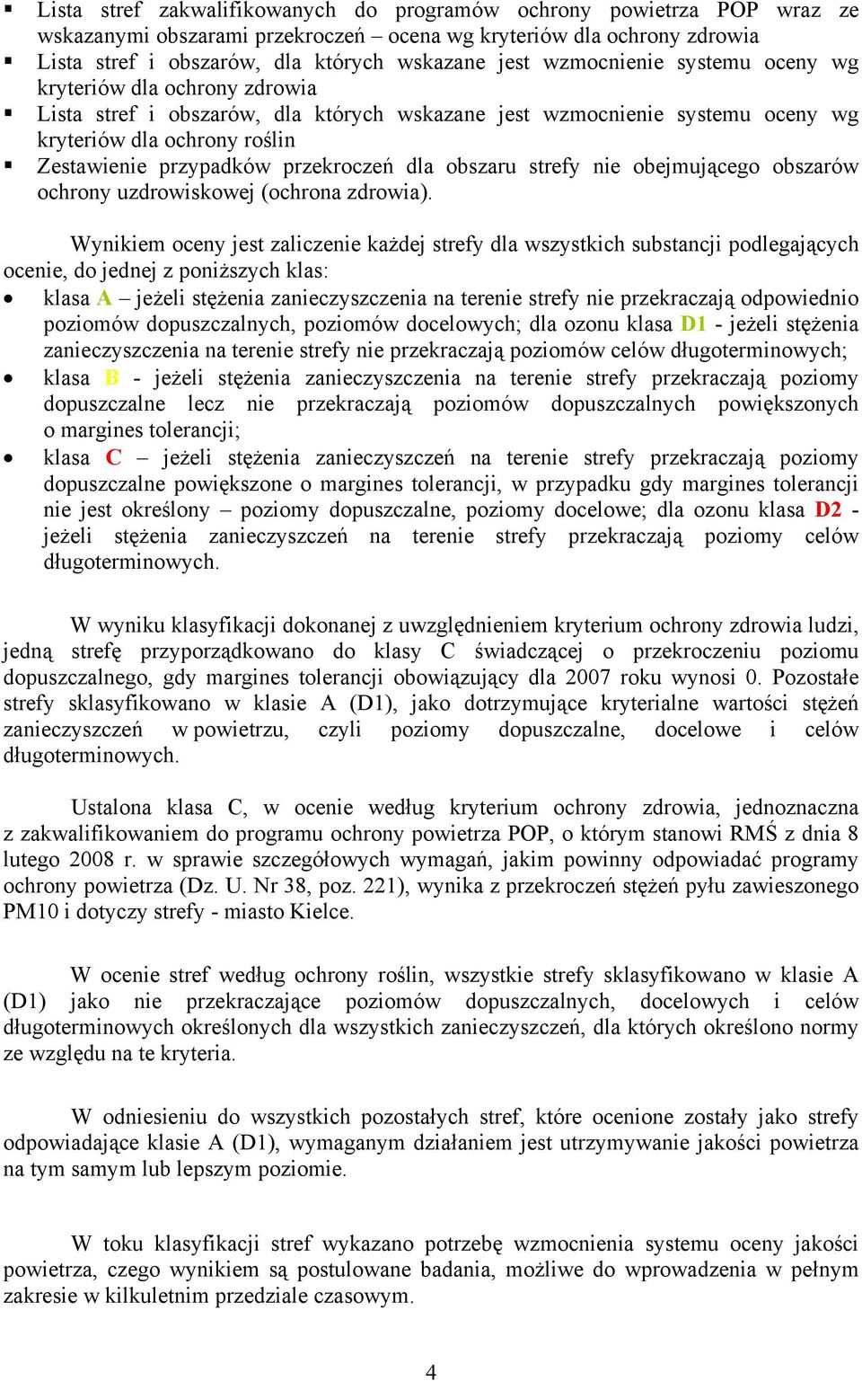 przekroczeń dla obszarów ochrony (ochrona zdrowia).