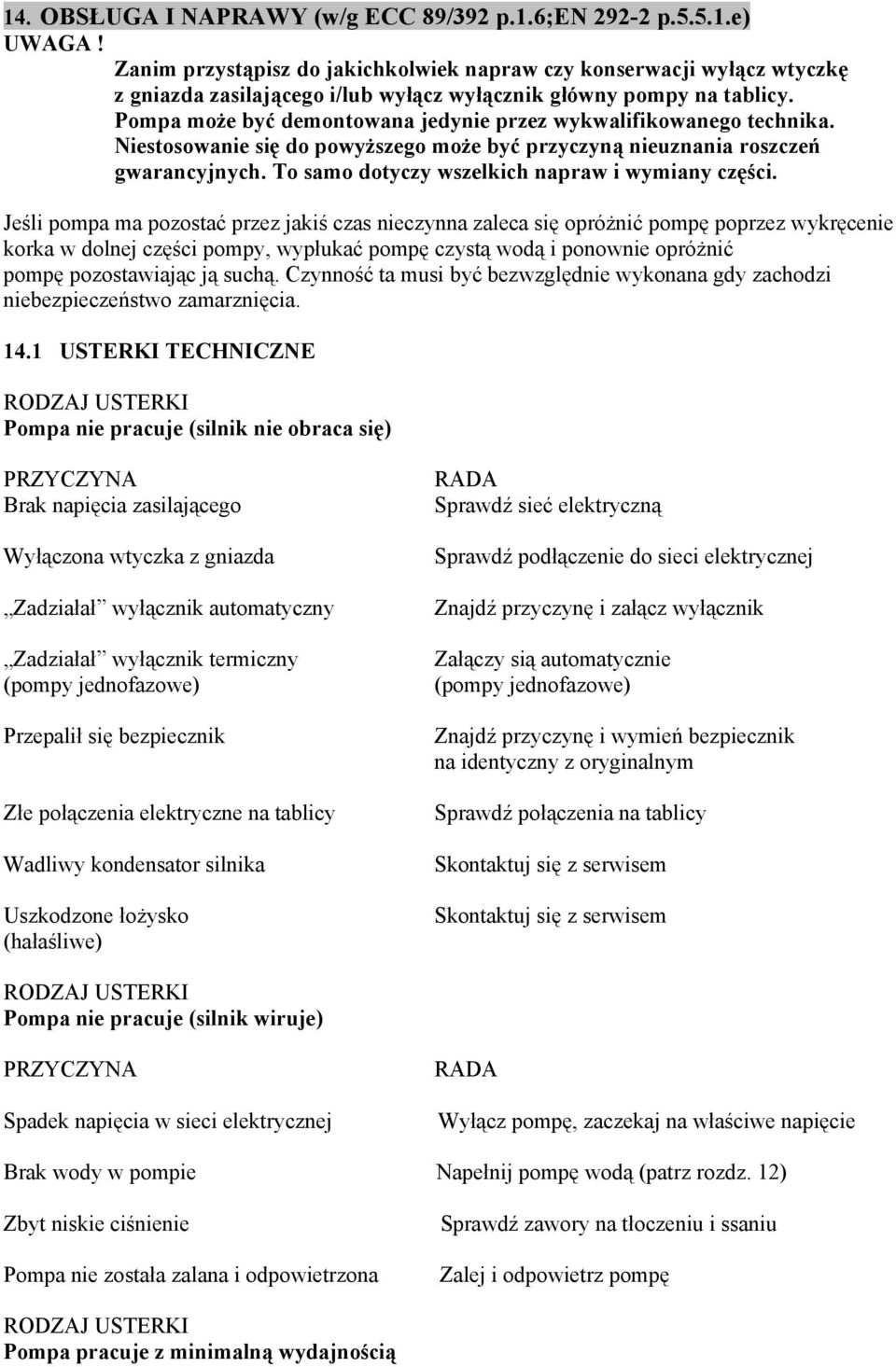 Pompa może być demontowana jedynie przez wykwalifikowanego technika. Niestosowanie się do powyższego może być przyczyną nieuznania roszczeń gwarancyjnych.