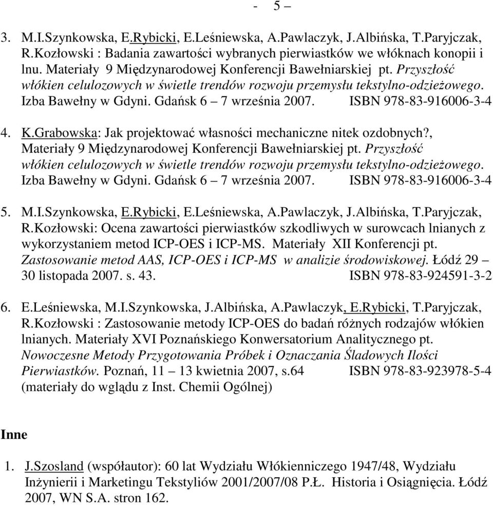 ISBN 978-83-916006-3-4 4. K.Grabowska: Jak projektować własności mechaniczne nitek ozdobnych?,  ISBN 978-83-916006-3-4 5. M.I.Szynkowska, E.Rybicki, E.Leśniewska, A.Pawlaczyk, J.Albińska, T.