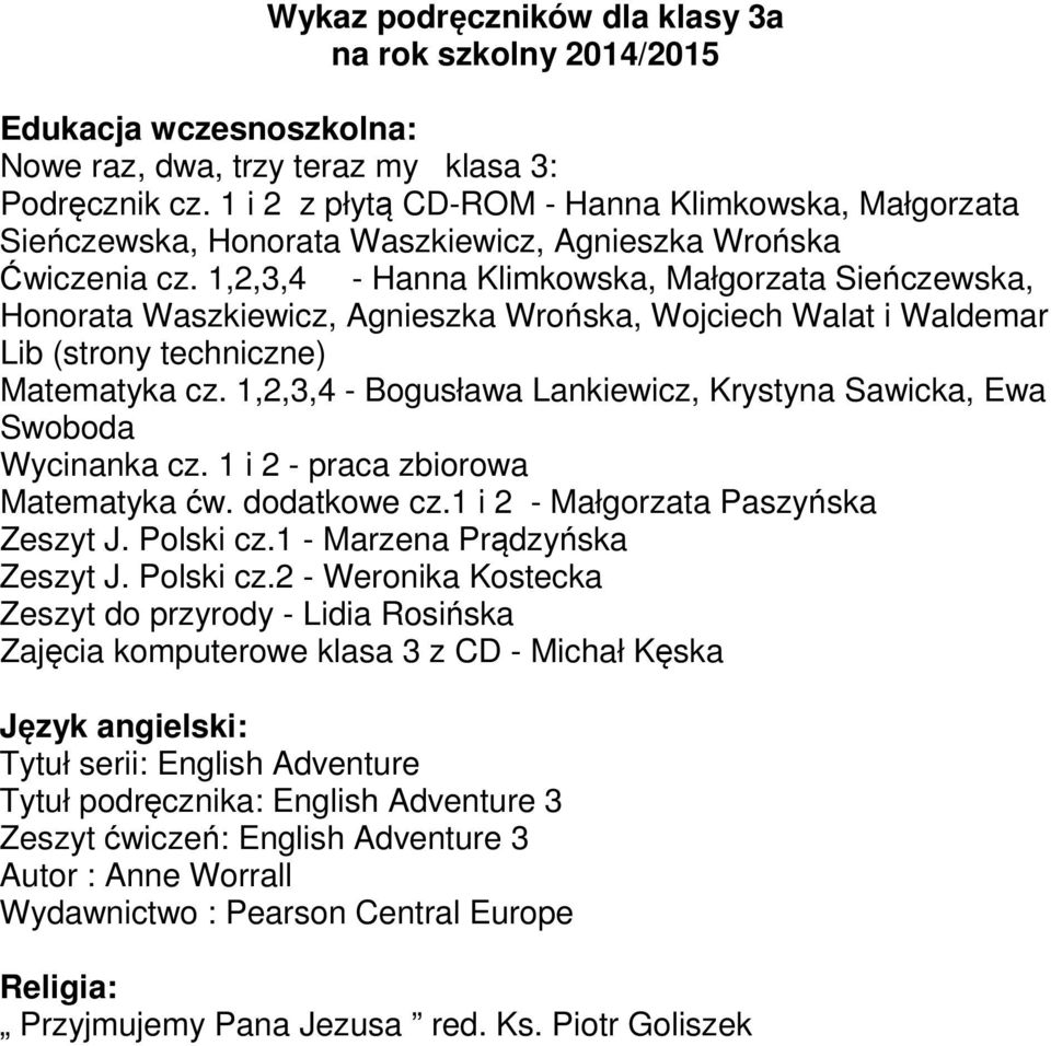 1,2,3,4 - Hanna Klimkowska, Małgorzata Sieńczewska, Honorata Waszkiewicz, Agnieszka Wrońska, Wojciech Walat i Waldemar Lib (strony techniczne) Matematyka cz.