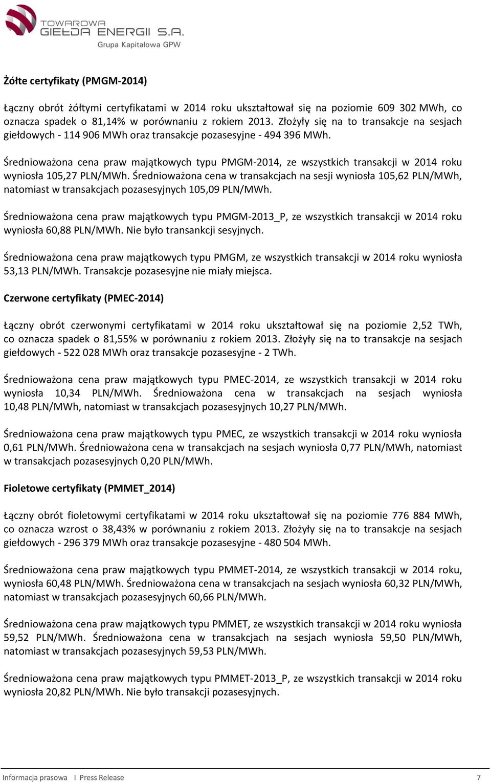 Średnioważona cena praw majątkowych typu PMGM-2014, ze wszystkich transakcji w 2014 roku wyniosła 105,27 PLN/MWh.