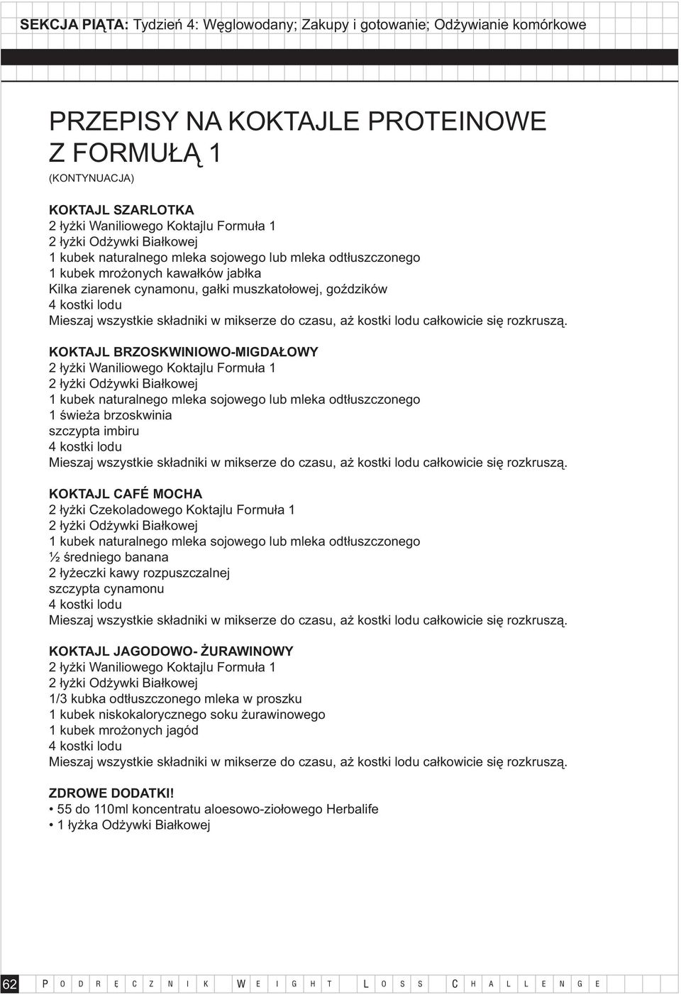 ½ średniego banana 2 łyżeczki kawy rozpuszczalnej szczypta cynamonu KOKTAJL JAGODOWO- ŻURAWINOWY 2 łyżki Waniliowego Koktajlu Formuła 1 1/3 kubka odtłuszczonego mleka w proszku 1 kubek