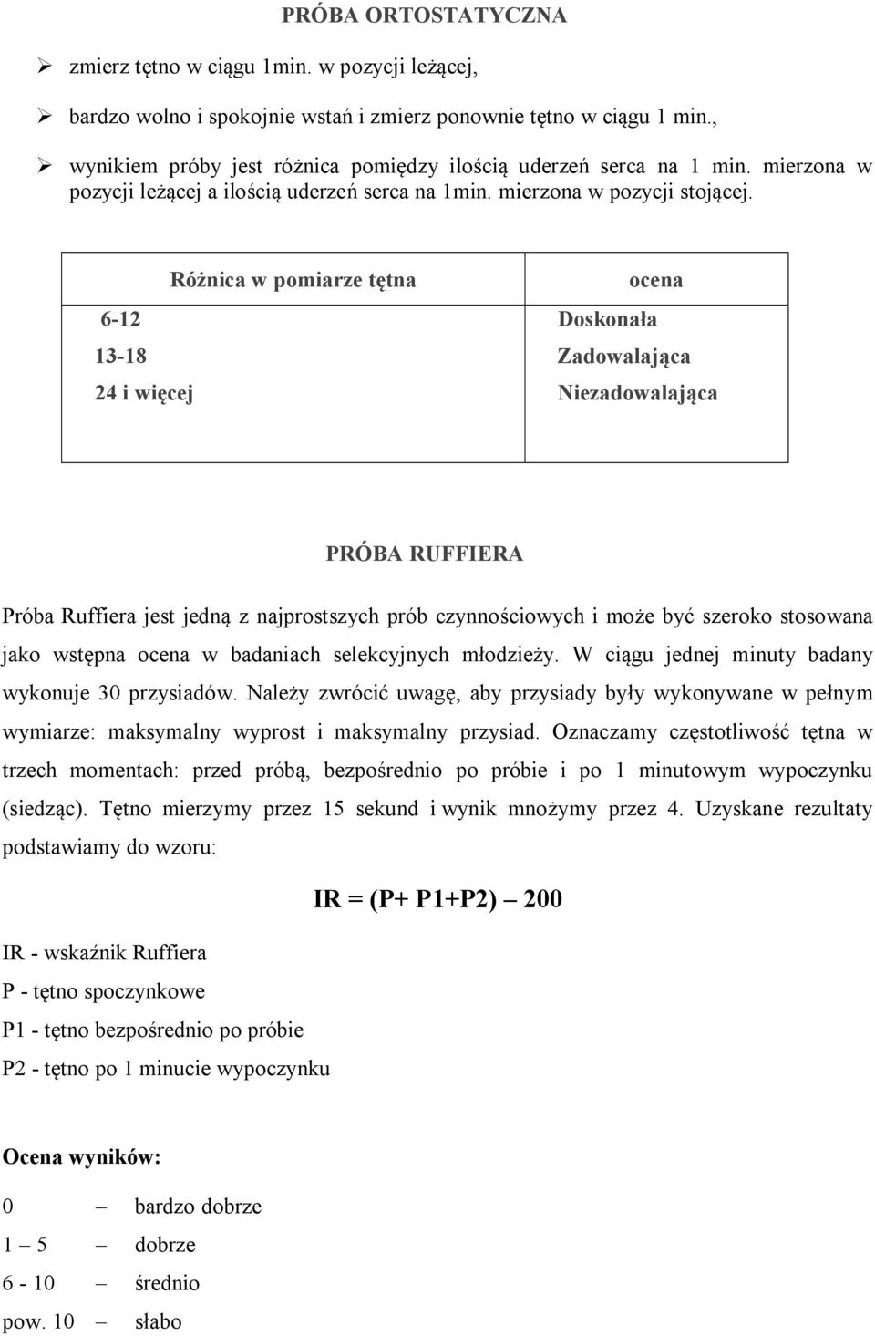 Różnica w pomiarze tętna 6-12 13-18 24 i więcej ocena Doskonała Zadowalająca Niezadowalająca PRÓBA RUFFIERA Próba Ruffiera jest jedną z najprostszych prób czynnościowych i może być szeroko stosowana