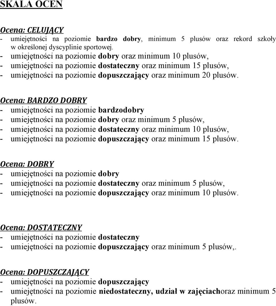 Ocena: BARDZO DOBRY - umiejętności na poziomie bardzo - umiejętności na poziomie oraz minimum 5 plusów, - umiejętności na poziomie dostateczny oraz minimum 10 plusów, - umiejętności na poziomie