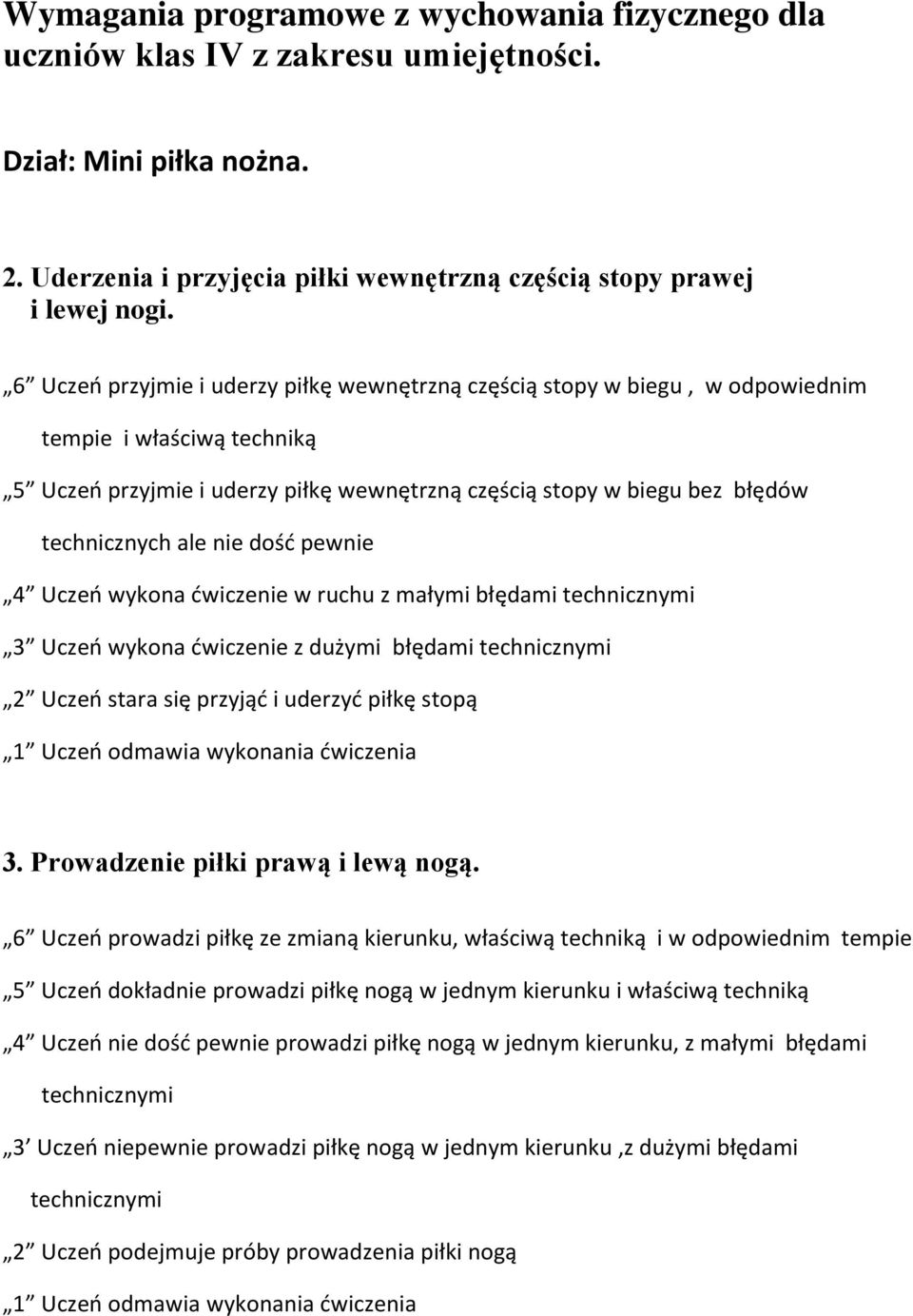 nie dość pewnie 4 Uczeń wykona ćwiczenie w ruchu z małymi błędami technicznymi 3 Uczeń wykona ćwiczenie z dużymi błędami technicznymi 2 Uczeń stara się przyjąć i uderzyć piłkę stopą 1 Uczeń odmawia