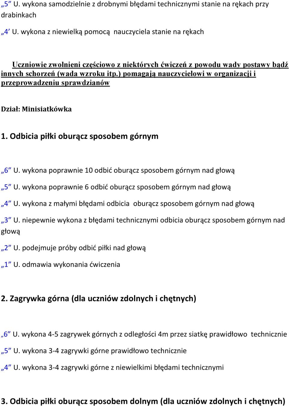 ) pomagają nauczycielowi w organizacji i przeprowadzeniu sprawdzianów Dział: Minisiatkówka 1. Odbicia piłki oburącz sposobem górnym 6 U.