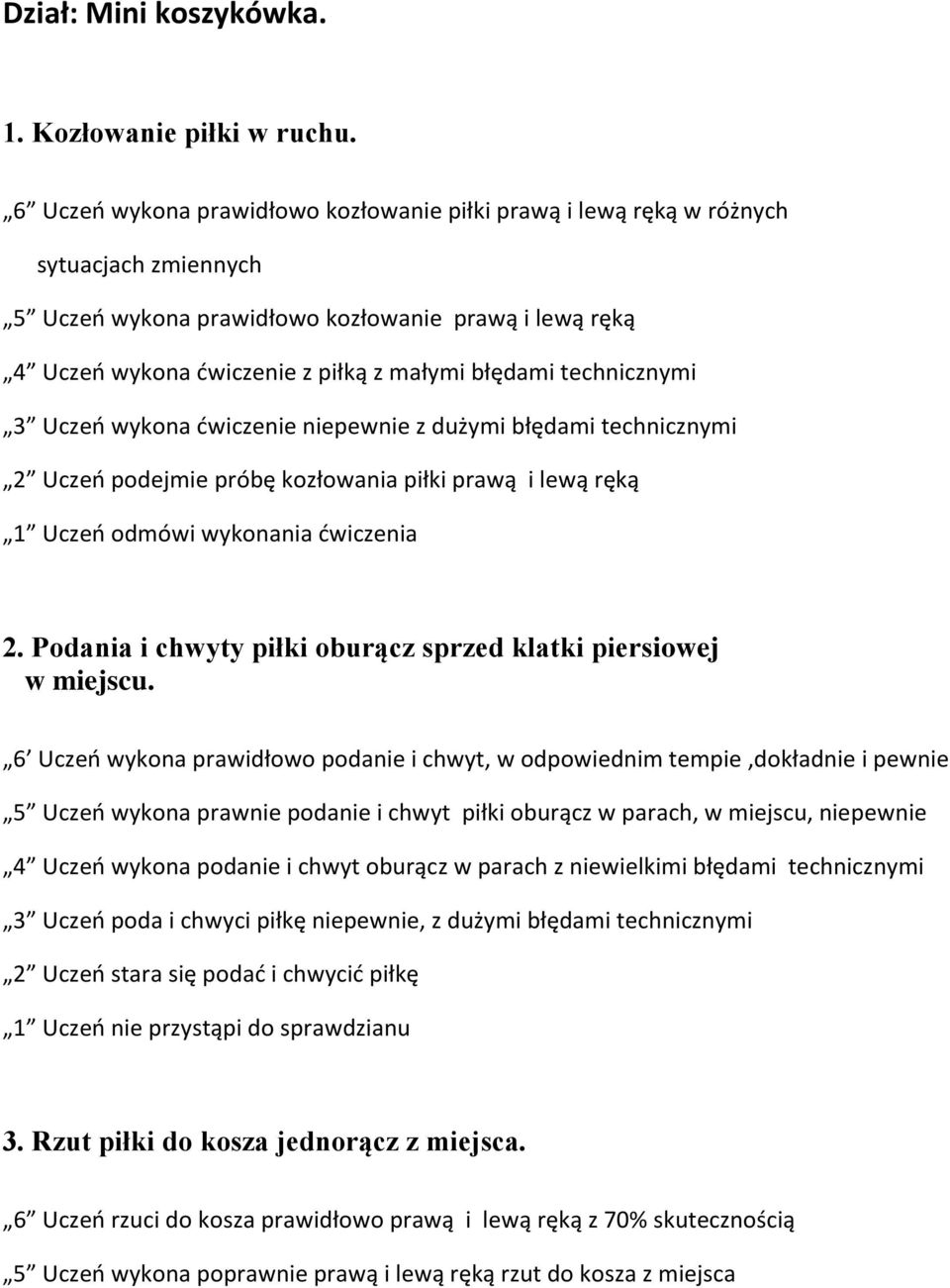 technicznymi 3 Uczeń wykona ćwiczenie niepewnie z dużymi błędami technicznymi 2 Uczeń podejmie próbę kozłowania piłki prawą i lewą ręką 1 Uczeń odmówi wykonania ćwiczenia 2.