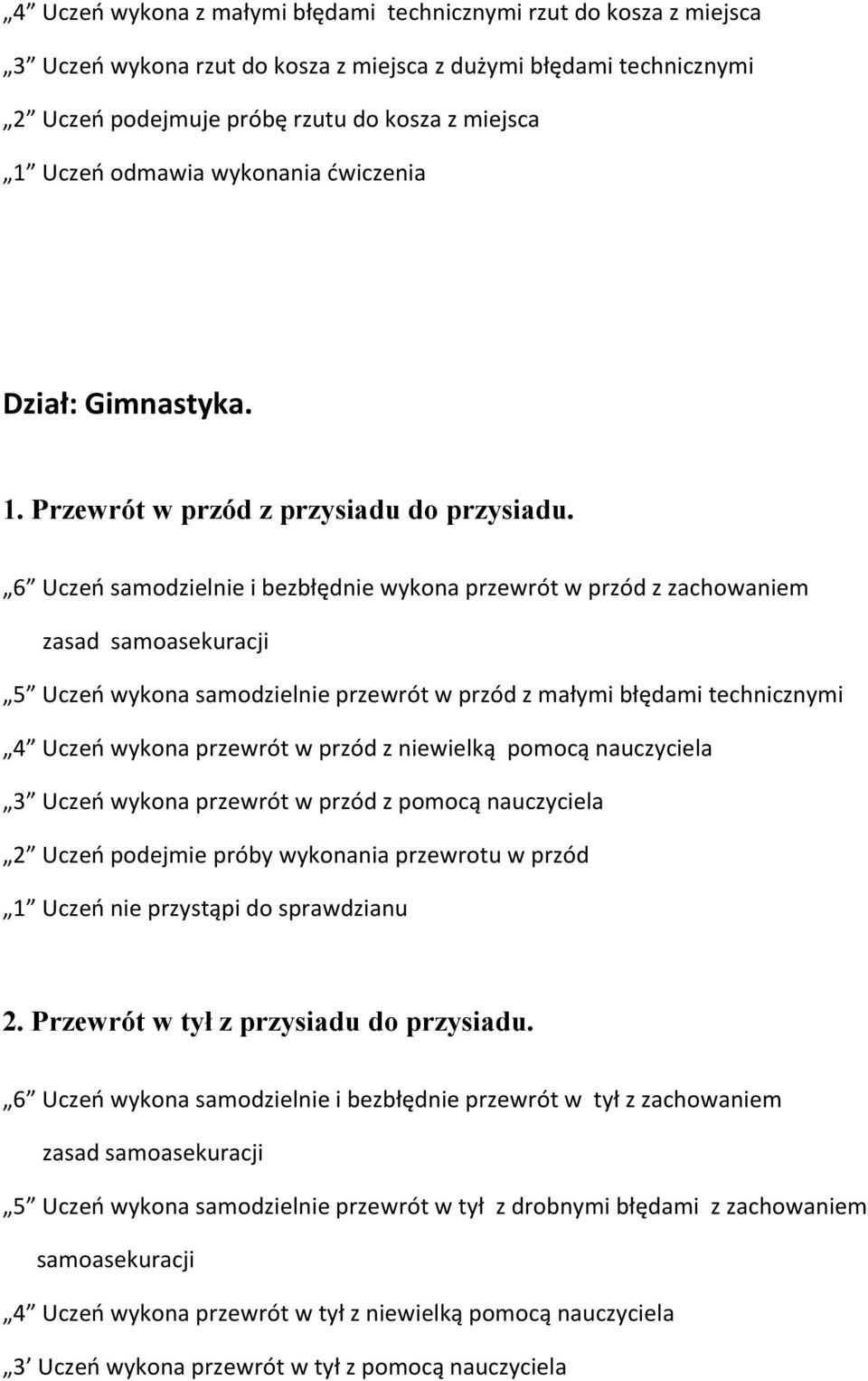 6 Uczeń samodzielnie i bezbłędnie wykona przewrót w przód z zachowaniem zasad samoasekuracji 5 Uczeń wykona samodzielnie przewrót w przód z małymi błędami technicznymi 4 Uczeń wykona przewrót w przód