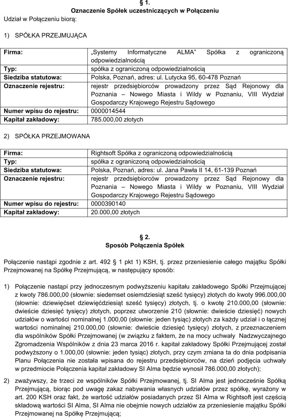 Lutycka 95, 60-478 Poznań Oznaczenie rejestru: rejestr przedsiębiorców prowadzony przez Sąd Rejonowy dla Poznania Nowego Miasta i Wildy w Poznaniu, VIII Wydział Gospodarczy Krajowego Rejestru