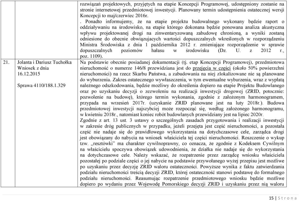 . Ponadto informujemy, że na etapie projektu budowalnego wykonany będzie raport o oddziaływaniu na środowisko, na etapie którego dokonana będzie ponowana analiza akustyczna wpływu projektowanej drogi