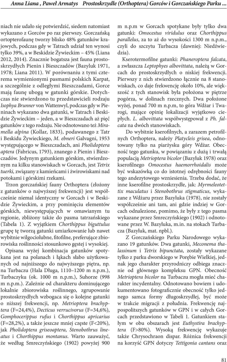Znacznie bogatsza jest fauna prostoskrzydłych Pienin i Bieszczadów (Bazyluk 1971, 1978; Liana 2011).