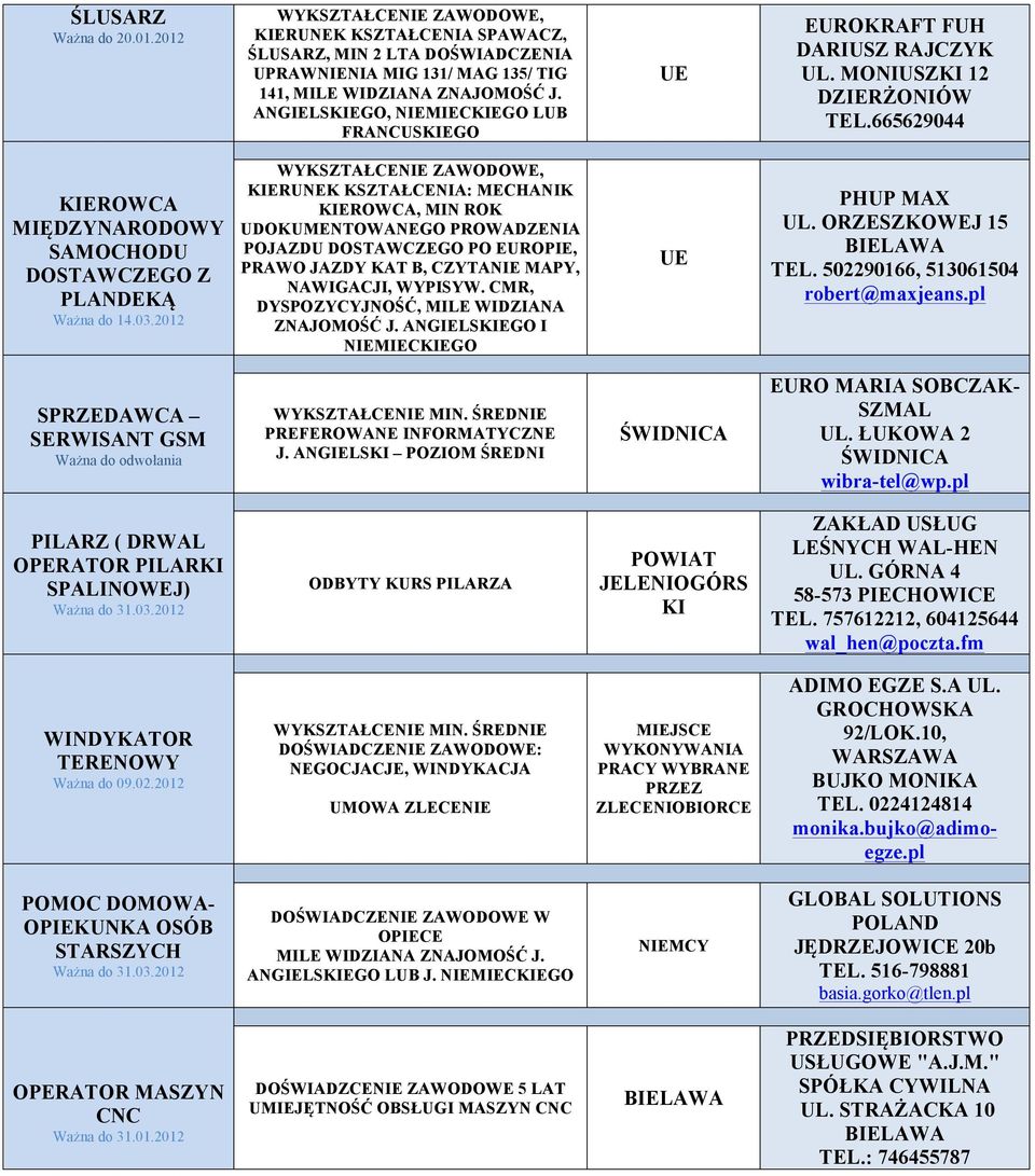 2012 KIERUNEK KSZTAŁCENIA: MECHANIK KIEROWCA, MIN ROK UDOKUMENTOWANEGO PROWADZENIA POJAZDU DOSTAWCZEGO PO EUROPIE, PRAWO JAZDY KAT B, CZYTANIE MAPY, NAWIGACJI, WYPISYW.