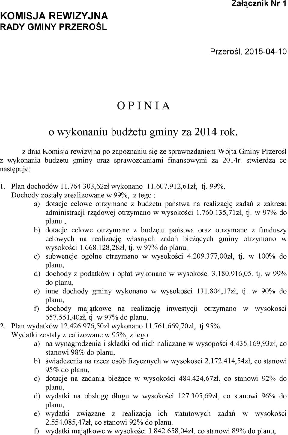 303,62zł wykonano 11.607.912,61zł, tj. 99%.
