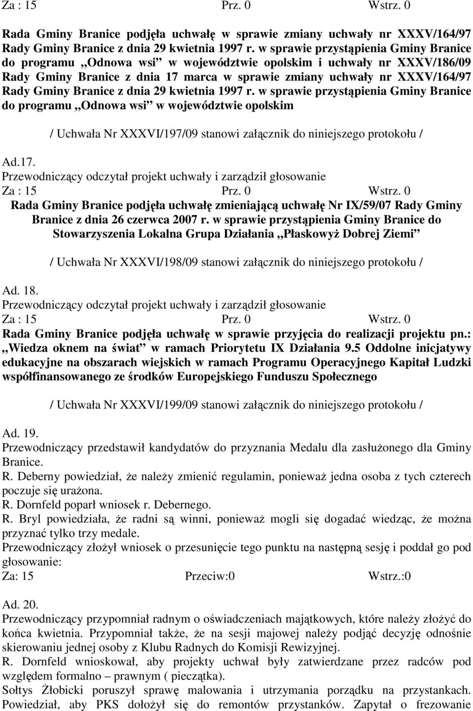 Branice z dnia 29 kwietnia 1997 r. w sprawie przystąpienia Gminy Branice do programu Odnowa wsi w województwie opolskim / Uchwała Nr XXXVI/197/09 stanowi załącznik do niniejszego protokołu / Ad.17.
