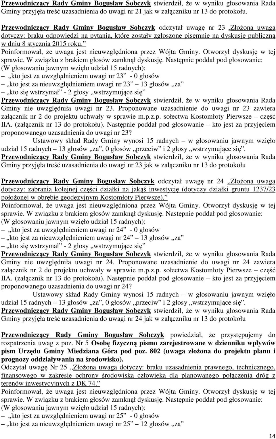 (W głosowaniu jawnym wzięło udział 15 radnych): kto jest za uwzględnieniem uwagi nr 23-0 głosów kto jest za nieuwzględnieniem uwagi nr 23 13 głosów za kto się wstrzymał - 2 głosy wstrzymujące się